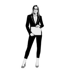 Business woman wearing a suit on a white background. Black and White Vector illustration.