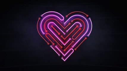 illuminated neon heart shape as integrated circuit background, illuminated neon heart shape as integrated circuit background