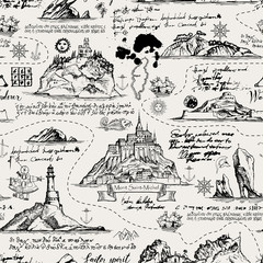 Naklejka premium Vector abstract seamless background on the theme of travel, adventure and discovery. Old manuscript with islands, lighthouses, sailboats and nautical symbols with ink blots and stains in vintage style