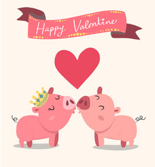 cute couple pink pigs kissing, valentine card