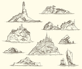 Vector set of island sketches isolated on beige background in retro style. Pencil drawings of the Islands with rocks, fortresses, buildings, lighthouse. Nautical theme © paseven