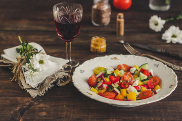 salad fresh vegetables (tomato, cucumber, radish, pepper, arugula and other vegetables). copy space. top
