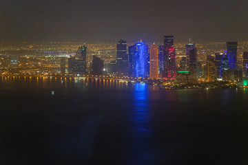 Doha aerial skyline at night, Qatar