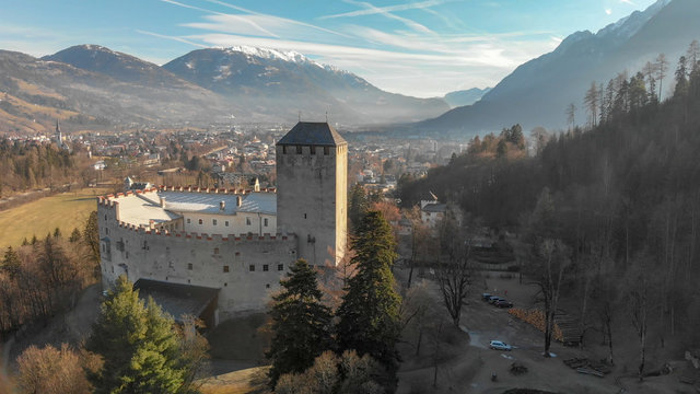 Aerial view of Lienz Castle and valley in winter season, Austria