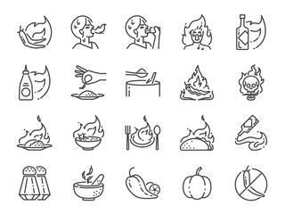 Spicy line icon set. Included the icons as Tom yum kung, Chili, Ghost pepper, seasoning, flavor, hot and more.