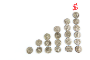 Roman denarius and dollar sign lie on a white background, the era of the Antonines, Marcus Aurelius, Antoninus Pius, Commodus, Caesar