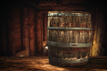 Retro wooden barrel on desk and free space 