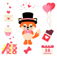 cartoon cute fox with tie and hat vector and valentines day element