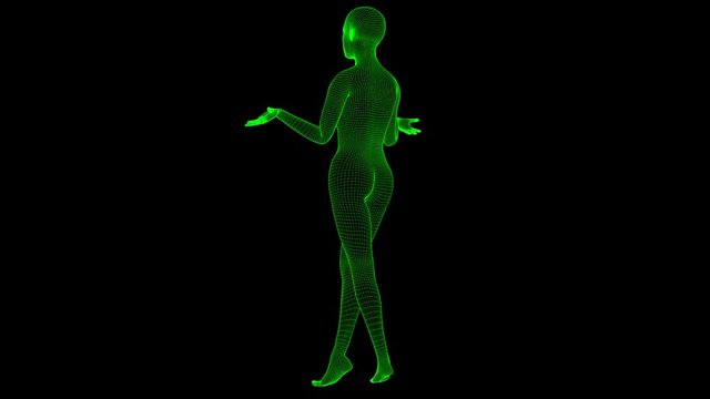 4K Futuristic Wireframe Android AI Woman Standing Seamless Loop