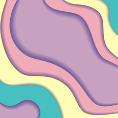 Colored paper waves, abstract, geometric background texture layers of depth in shades of purple, yellow, blue. Paper cut style. Vector illustration EPS 10.