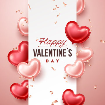 Valentines Day banner with heart shaped balloons. Holiday vector illustration banner