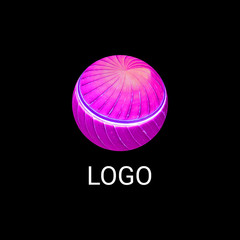 Abstract 3D sphere logo textured with swirled Exotic Palm Leaf isolated on black backdrop. Logotype design. Eco round leaves logo.