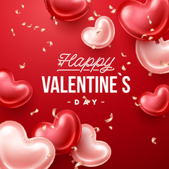 Valentines Day background with heart shaped balloons. Holiday vector illustration