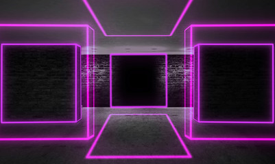 Background of an empty black corridor with neon light. Abstract background with lines and glow 3D illustration
