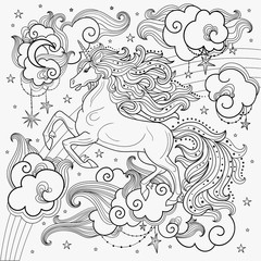 Fototapeta na wymiar A beautiful unicorn among the clouds. hand-drawn. Black and White. For coloring. Vector