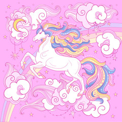 Beautiful white unicorn with a long mane on a pink background. For design prints, posters and so on. Vector