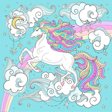 A beautiful white unicorn with a long mane on a background of rainbow and clouds. For the design of posters, prints, etc.