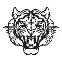Roaring tiger's head logo isolated on white. Black and white tiger vector illustration