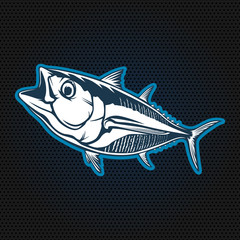Tuna big fishing logo illustration. Tuna fish fishing vector emblem. Blue fin fish marine theme. Angry fish.