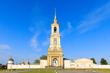 Beautiful panoramic view of Suzdal in summer at sunrise. bell tower and Rizopolozhensky Monastery in Suzdal. Suzdal is a famous tourist attraction and part of the Golden Ring of Russia.