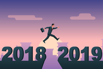 Man businessman jumps from 2018 to 2019 on background city. Vector illustration flat design. Big numbers. Forward to future.