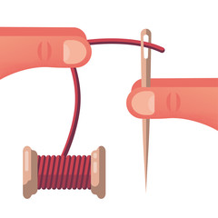 Thread into the needle. Human holds in his hands a thread and a needle. Fingers close up. Sewing work. Cartoon icon. Vector illustration flat design. Isolated on white background. 