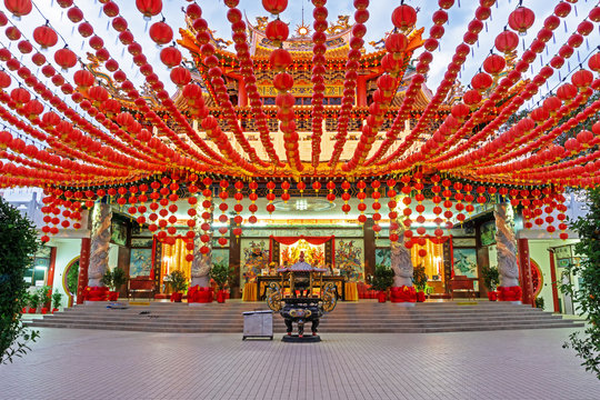 Chinese New Year lanterns decoration in Thean Hou, Buddhist temple landmark in Kuala Lumpur Malaysia
