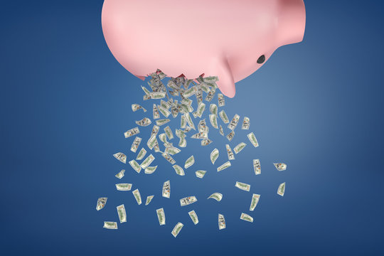 3d rendering of a piggy bank upside down with dollar bills falling out on a blue background.