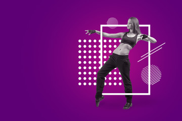 A young and slim female dancer moves on a purple background with white geometric shapes.