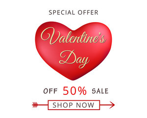 Valentines day discount coupon with red heart isolated on white background