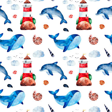 Underwater creatures.Watercolor seamless pattern with whale,dolphinseashells,lighthouse and more.Perfect for wallpaper,print,packaging,invitations,packaging,cover design,travel.