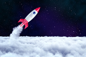 3d rendering of a space rocket which has just passed through a layer of thick clouds and is now heading into open space.