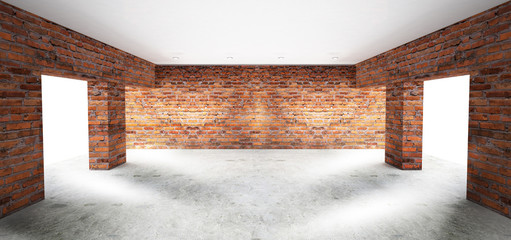 Empty room with old brick walls, large windows, bright rooms, sunlight. 3D illustration
