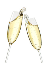 Champagne glasses with bubbles and splashes isolated on white background