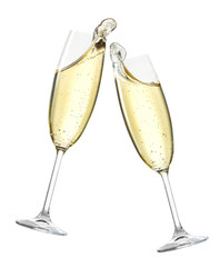 Champagne glasses with bubbles and splashes isolated on white background