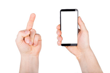 A man holding smartphone in hand and other hand showing middle finger