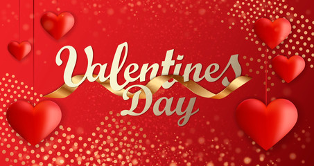 Naklejka premium Valentines day background greeting card design template. Party poster, banner or invitation gold glittering stars confetti glitter decoration. Vector background with golden gift bow