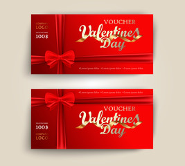 Valentines day Vector set of luxury red gift vouchers with ribbons and bow. Elegant template for a festive gift card, coupon and certificate. Discount Coupon Template. Vector Illustration EPS10