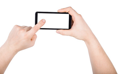 A hand touching black phone mobile screen isolated on white background