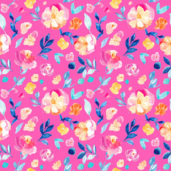 Cute Pink Painted Flowers Wallpaper. Painted Watercolor Floral Background Pattern