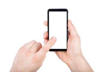 hand touching black phone mobile screen isolated on white background