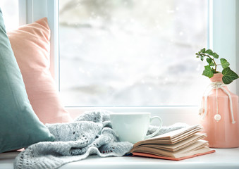 Winter life style background,cozy winter rest backdrop empty copy space.