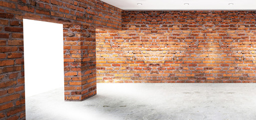 Empty room with old brick walls, large windows, bright rooms, sunlight. 3D illustration