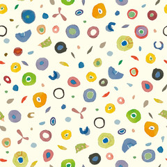 Cream vector repeat pattern with coloured watercolour dots. Surface pattern design.