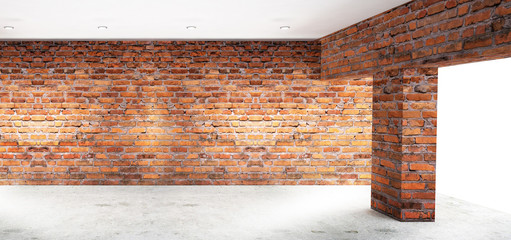 Empty room with old brick walls, large windows, bright rooms, sunlight. 3D illustration