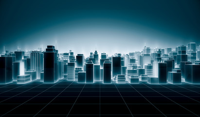 Abstract Futuristic city scape With Neon Glowing Light White Color on blue. Hi-Tech Dark building background concept with line. 3D Rendering Illustration