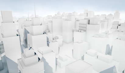 White cityscape with blue sky background. Many buildings. 3D Rendering Illustration.