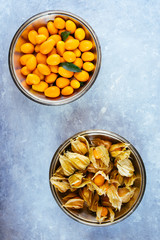 Alkekengi and kumquat fruits on a   silver bowl on a gray concrete board,top view,natural light