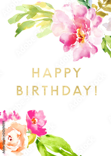 Cute Watercolor Flowers Birthday Card Background Happy