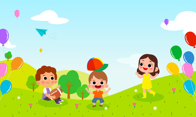 Children's day Background Vector illustration. Kids playing in spring field with copy space. Cartoon style.